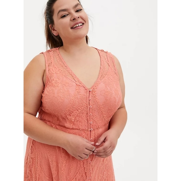 Torrid Coral Lace Button Front Maxi Skater Dress - Picture 3 of 16